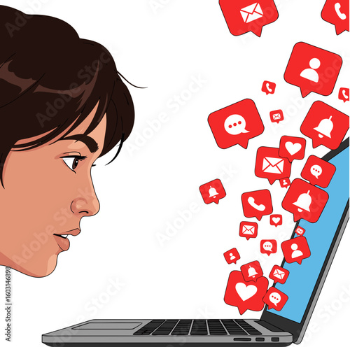 A metaphor for work overload and digital stress. A profile of a person looking at a laptop screen with red notifications flying out, symbolizing the flow of information.
