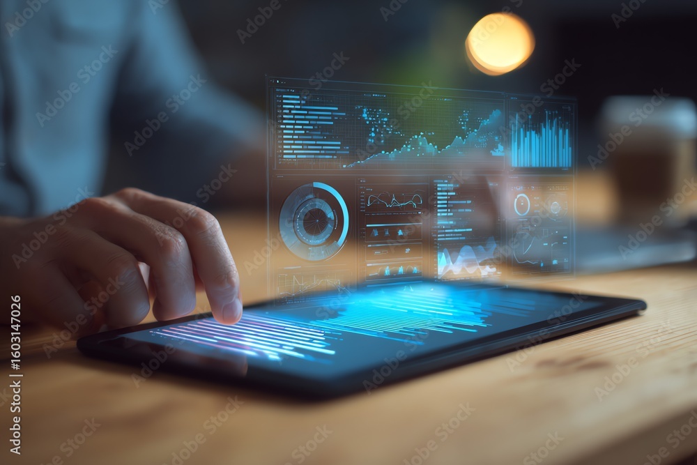 Fototapeta premium A person interacts with a digital tablet displaying complex data visualizations, suggesting analysis and future planning within a modern workspace.