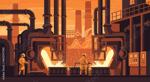 Illustration of workers at a metal smelting plant with detailed machinery and molten metal process