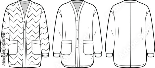 Cardigan fashion illustration with front and back view, buttoned design, pocket details, stylish outerwear template, trendy clothing sketch artwork