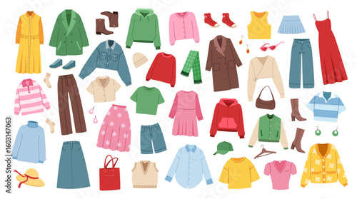 Various colorful clothes, shoes, and accessories shown in flat style on white background, concept of fashion collection. Vector illustration