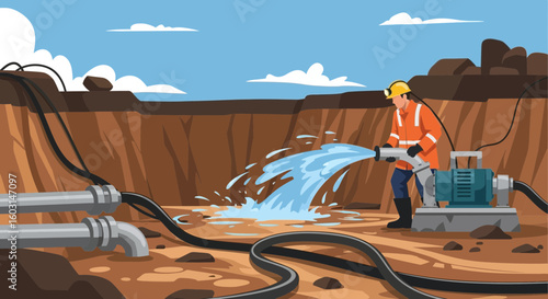Worker operating a water pump at a construction site in an industrial area ensuring the area is