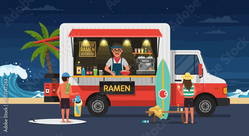 Coastal Ramen Truck Scene: Surfers Enjoying Japanese Cuisine at Beachside Food Truck