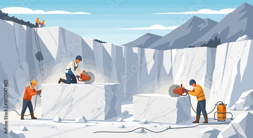 Illustration of Quarry Workers Cutting Marble Blocks in a Stone Quarry Scene