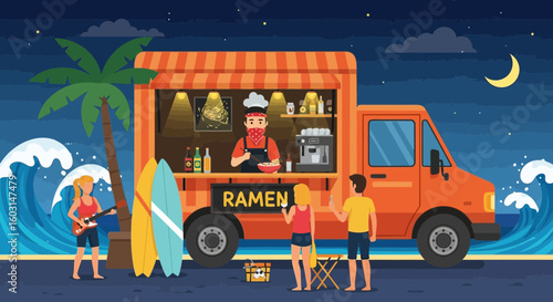 Tropical Beachfront Ramen Food Truck Scene with People and Surfboards at Night