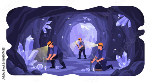 Illustration of crystal miners working diligently inside a deep underground cave