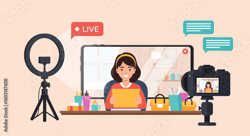 Illustration of a woman creating content for a live streaming online broadcast
