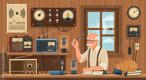 Illustration of an Elderly Man Working with Vintage Radio Equipment in a Cozy Room