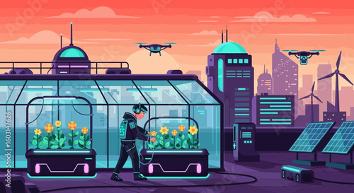 Futuristic urban farming concept with rooftop greenhouse and sustainable technologies