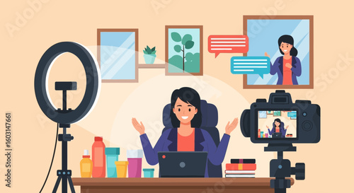 A happy woman recording a video blog in a home studio with professional equipment and smiling