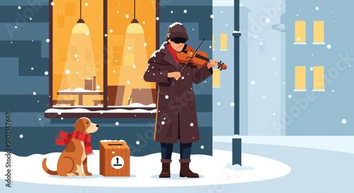 Winter Serenade: A Street Musician and his Loyal Dog Performing in the Snow