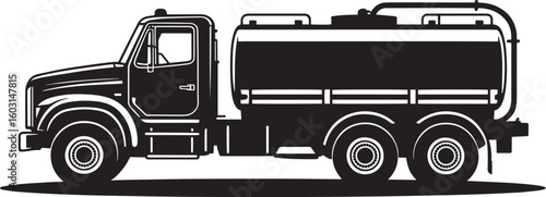 Black and white illustration of a water tanker truck transport vehicle