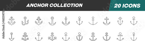 Collection of Line Icons of anchor. Suitable for books, stores, shops. Editable stroke in minimalistic outline style. Symbol for design