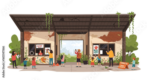 Whimsical illustration of visitors enjoying an open-air art exhibition in a rustic building space