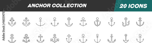Collection of icons of anchor for Advertisement. Suitable for books, stores, shops. Editable stroke in minimalistic outline style. Symbol for design