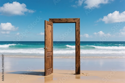 Wallpaper Mural A surreal wooden door stands alone on a beach, with crashing waves and soft clouds in the background Torontodigital.ca