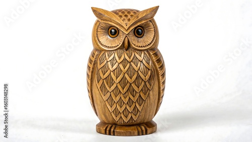 Handcrafted wooden owl sculpture with detailed feathers on white background
