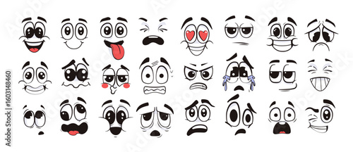 Set of cartoon emotive face expressions with various moods, comic graphic style, isolated on white background. Concept of emotional reactions. Vector illustration