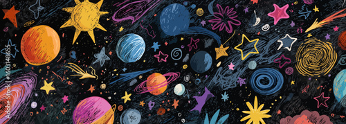 
A vibrant and colorful illustration of various celestial bodies, including stars, planets, comets, shooting star trails, and galaxies, arranged in an abstract pattern on a dark background. 