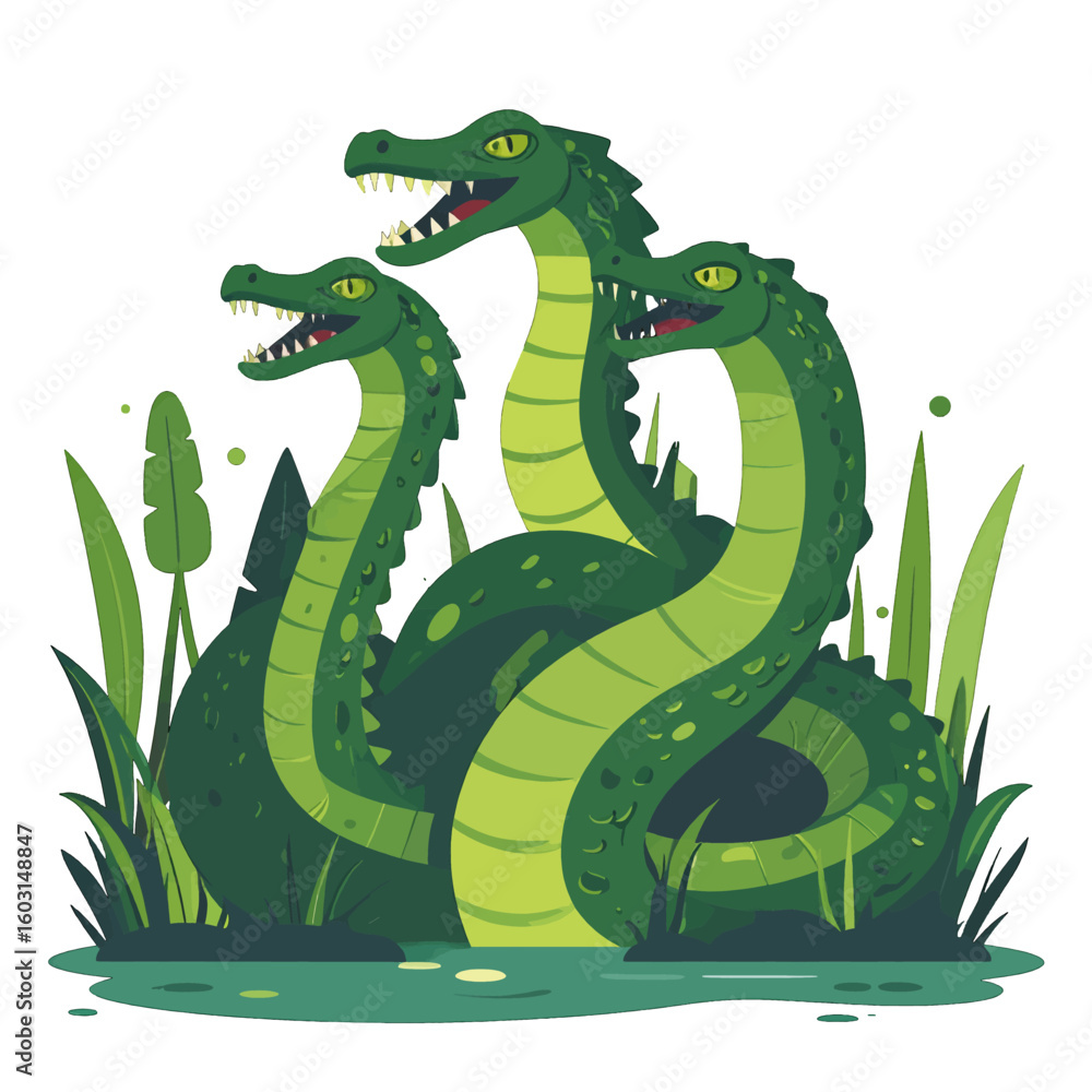 Naklejka premium Three Headed Green Serpent Creature in Swampy Terrain Illustration