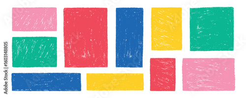 Set of colorful square and rectangle text boxes with rough crayon texture. Hand drawn geometric shapes in playful, childlike style. Memo frames, sketchy banners, cute stickers and notes.