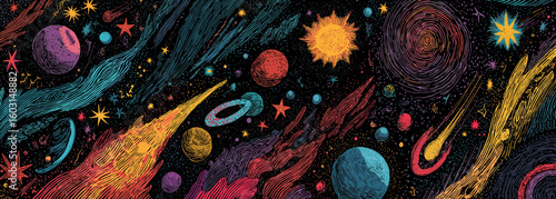 
A vibrant and colorful illustration of various celestial bodies, including stars, planets, comets, shooting star trails, and galaxies, arranged in an abstract pattern on a dark background. 