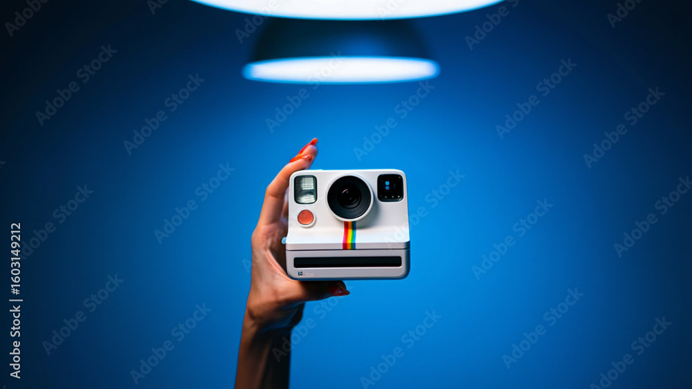 Naklejka premium Hand Holding a White Instant Camera with Rainbow Stripe Under a Spotlight