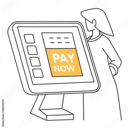 Woman using self-service kiosk with pay now option displayed  