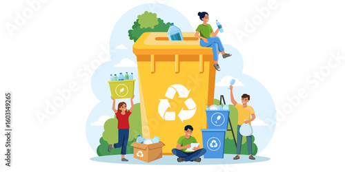 People placing plastic bottles in recycling bins, flat cartoon style, outdoor background with trees and clouds, concept of environmental awareness. Vector illustration