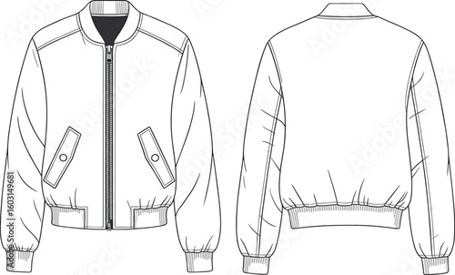 Front and back view bomber jacket technical sketch, zip-up outerwear drawing, fashion template design, casual streetwear apparel illustration, vector garment flat style

.