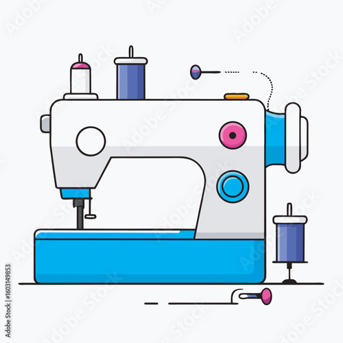 Cartoon sewing machine with spools of thread isolated on a white background