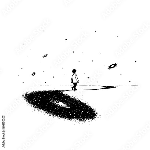 Illustration of a child walking on a path towards the stars and galaxies in a monochrome style art piece