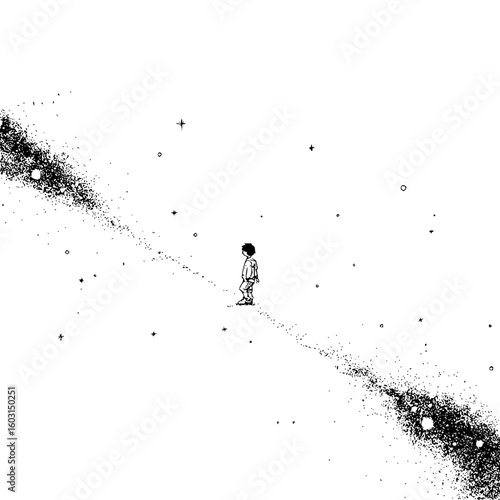 A solitary figure stands amidst a vast expanse of stars and cosmic dust, looking into the distance