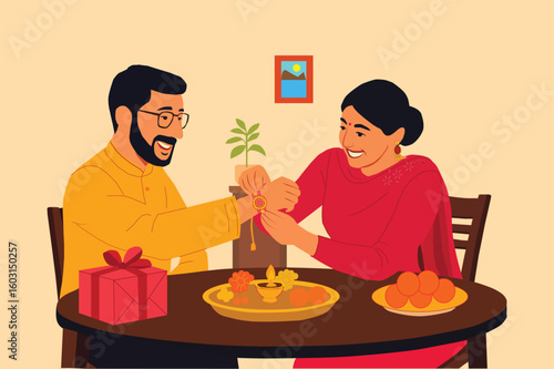 Vector Illustration of Indian Brother and Sister Celebrating Raksha Bandhan at Home