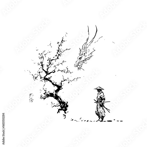 Ink wash painting of a samurai standing near a tree facing a dragon in a monochrome landscape art
