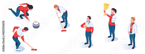 Curling players compete and win awards, shown in isometric graphic style on white background. Concept of sports competition. Vector illustration