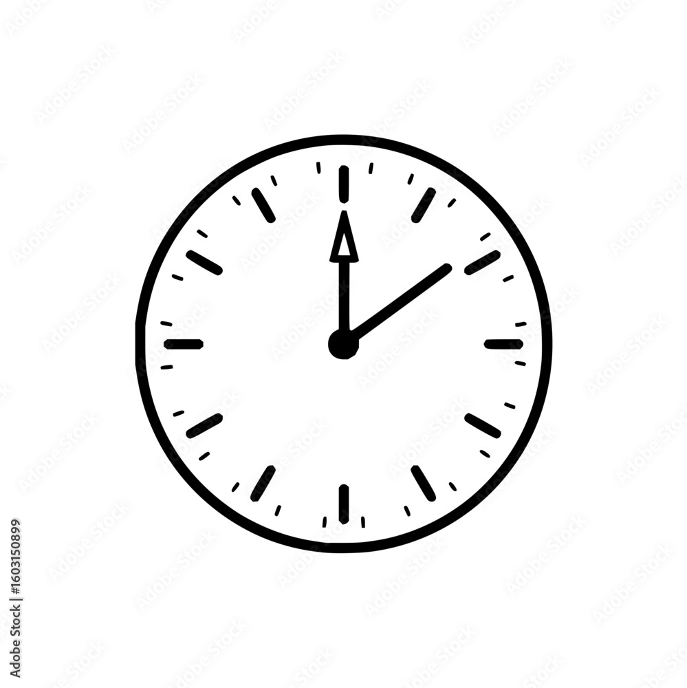 Clock face showing one o'clock with hour and minute hands in black and white simple line drawing style Clock face showing one o'clock with hour and minute hands in black and white simple line drawing style