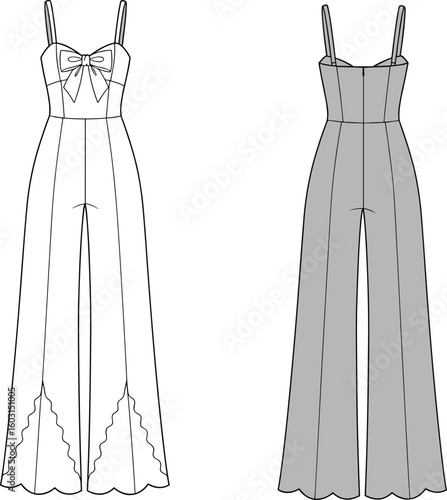 Jumpsuit front and back flat sketch, scallop hem wide-leg jumpsuit, strappy jumpsuit CAD, bow detail fashion illustration