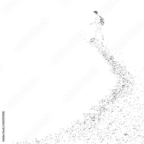 A figure with a backpack walking along a path of scattered particles on a white background illustration