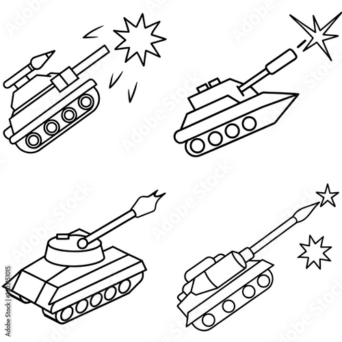Firing Tank Icon – Outline Vector Illustration of Military Armored Vehicle in Action