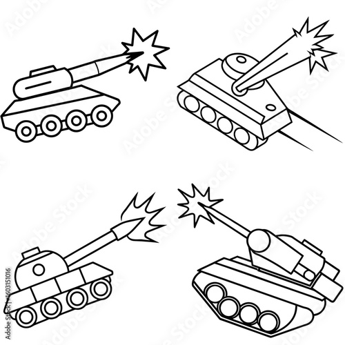 Firing Tank Icon – Outline Vector Illustration of Military Armored Vehicle in Action