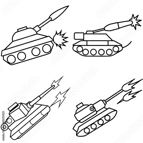 Firing Tank Icon – Outline Vector Illustration of Military Armored Vehicle in Action