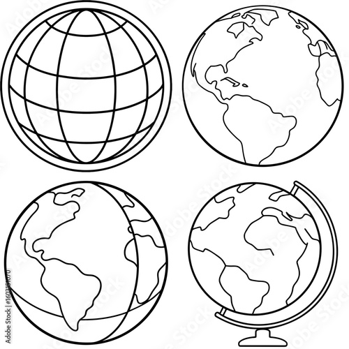 Globe of the World Icon – Outline Vector Illustration of Earth and Global Map