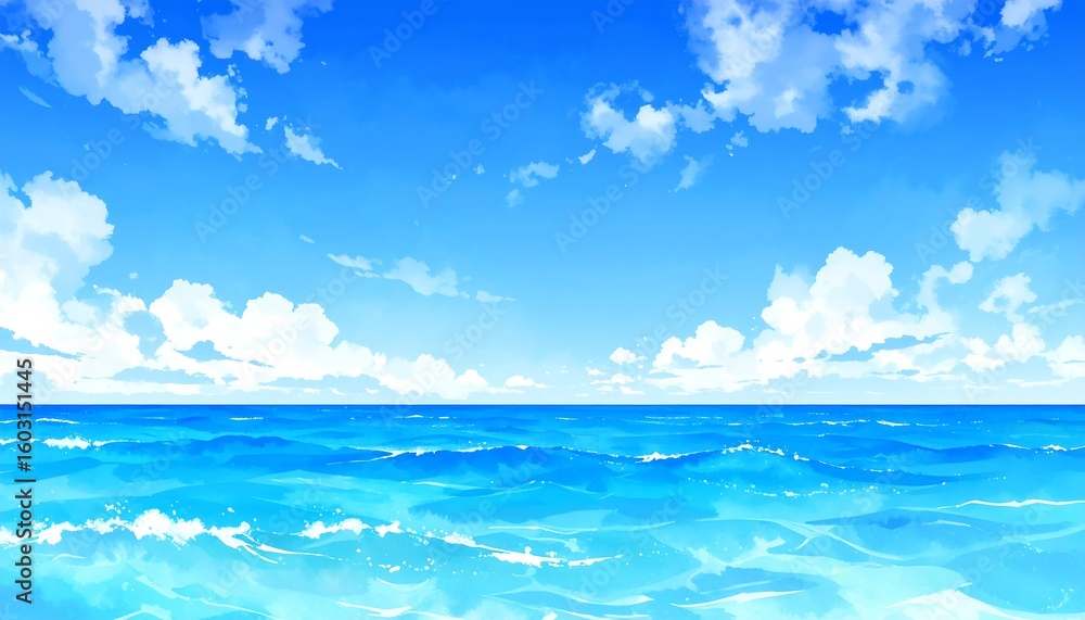 Fototapeta premium Scenic ocean view with a bright blue sky and scattered cloud formations over turquoise water