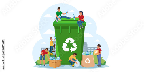 Group of people recycling plastic bottles near a giant green waste bin, flat cartoon style on urban outdoor background. Concept of sustainability. Vector illustration