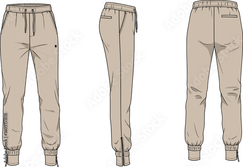Men’s jogger pants front side back view, flat sketch, casual joggers CAD drawing, ribbed cuffs, elastic waistband trousers