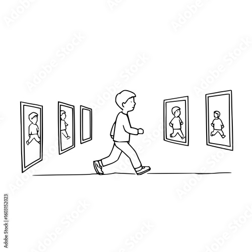 Illustration of a boy running past framed images of himself in a gallery setting, drawn in black lines