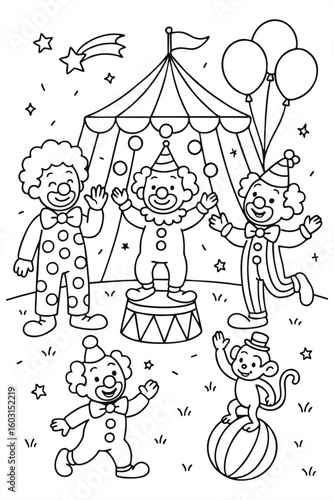 Circus clowns coloring page for kids. Funny clowns performing with tent, balloons, stars, and props in cute cartoon style.