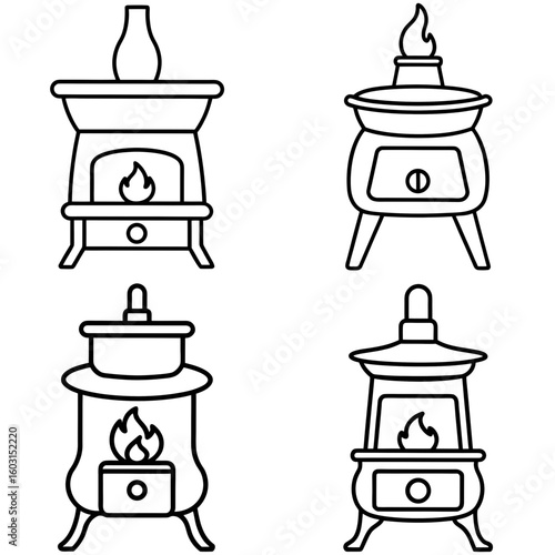 Old Wood Burner Icon – Outline Vector Illustration of Vintage Heating Stove