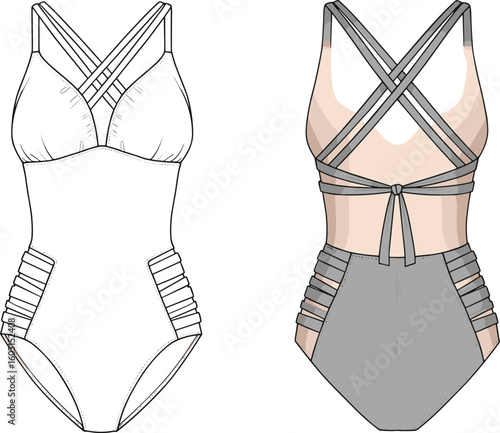 One-piece swimsuit fashion flat, front and back views, strappy design, women’s swimwear template, technical drawing, vector fashion sketch